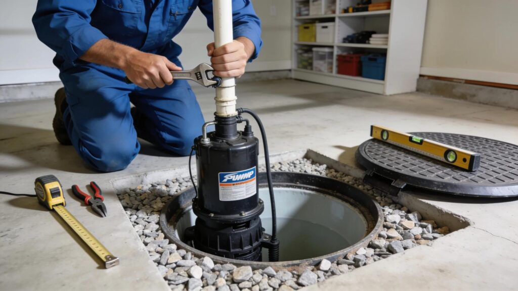 Professional installing a sump pump in a bloomfield basement highlighting essential moisture control solutions | effective basement solutions | effective basement solutions