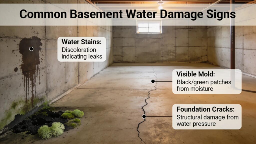 Visible signs of basement water damage including stains and mold growth | effective basement solutions | effective basement solutions