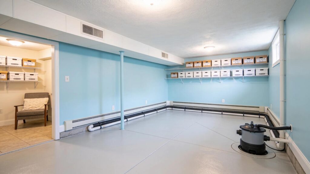 Basement equipped with modern french drain and sump pump systems demonstrating effective waterproofing solutions | effective basement solutions | effective basement solutions