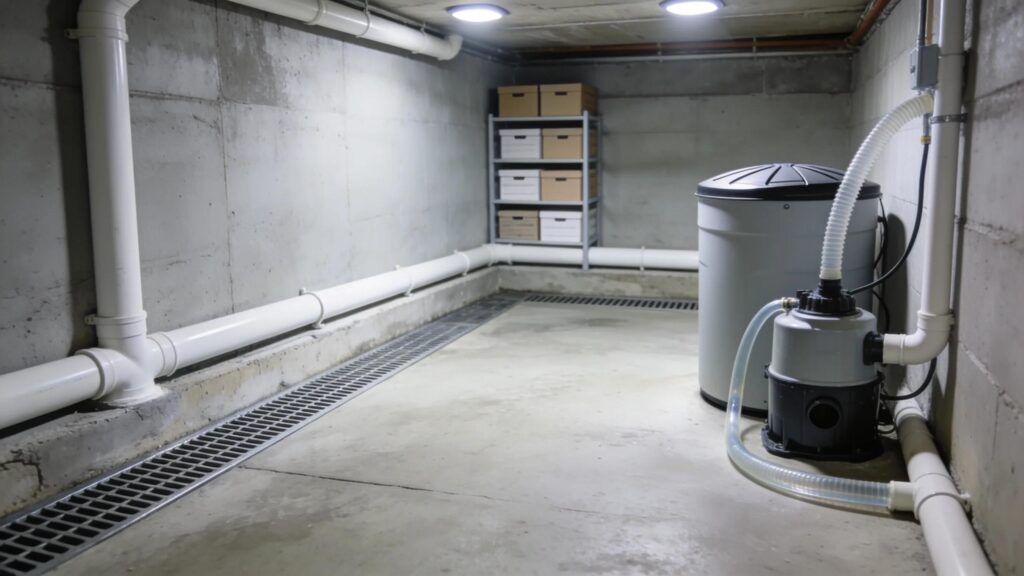Bright and dry basement featuring effective waterproofing solutions including interior drainage and a sump pump | effective basement solutions | effective basement solutions