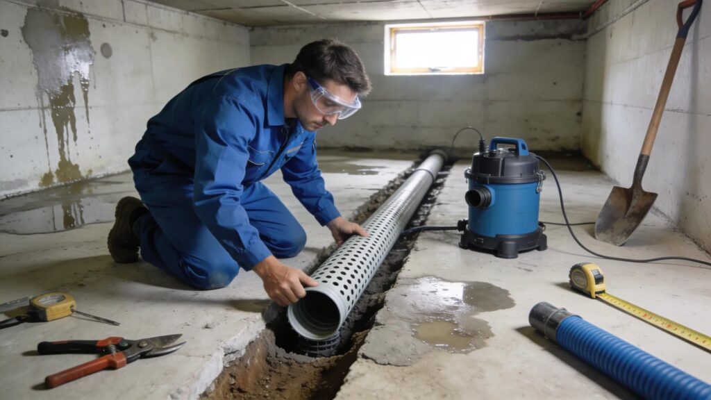 Illustration of basement repair methods including interior drainage system installation for effective moisture control | effective basement solutions | effective basement solutions