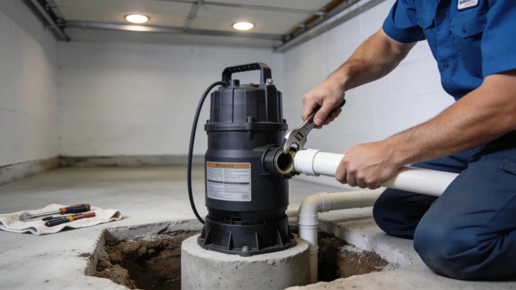 Installation of a modern sump pump system in a metuchen nj basement highlighting the sump pit and plumbing connections | effective basement solutions | effective basement solutions