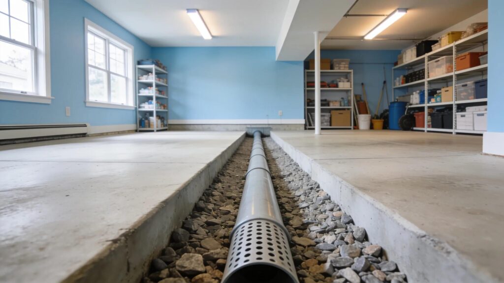 Dry organized basement featuring effective french drain systems ensuring moisture protection for nutley homeowners | effective basement solutions | effective basement solutions