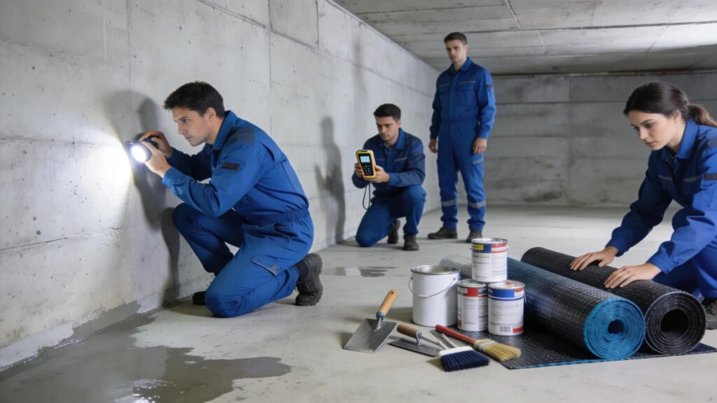 Professional team inspecting basement for waterproofing solutions | effective basement solutions | effective basement solutions