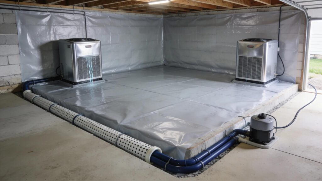 Crawl space encapsulation featuring a vapor barrier and dehumidifiers to enhance moisture control | effective basement solutions | effective basement solutions