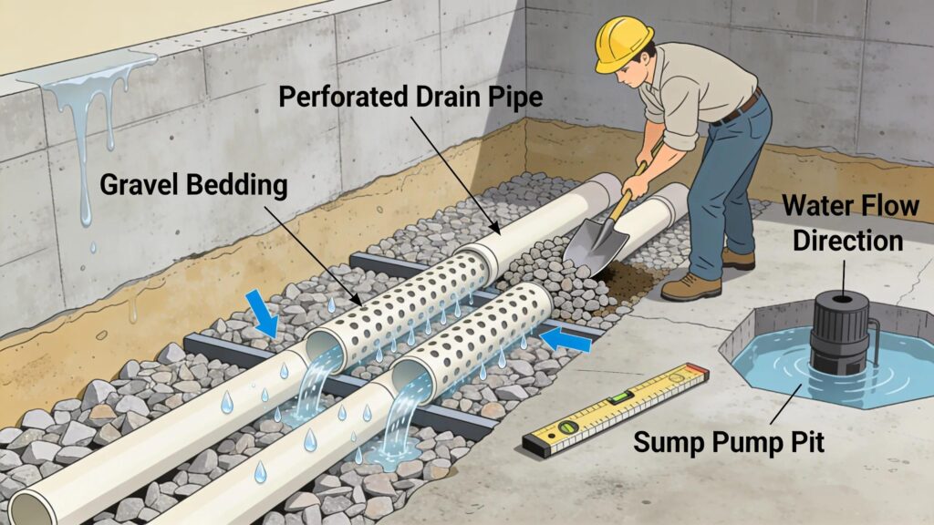 Installation of french drain system in basement illustrating the water management process | effective basement solutions | effective basement solutions