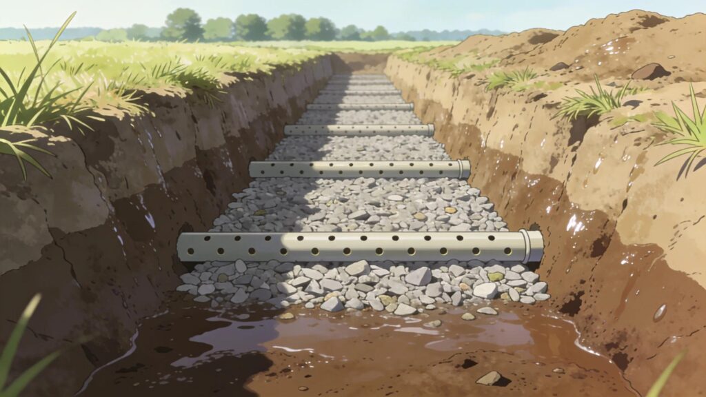 Construction workers laying down perforated pipes in a trench for effective french drain installation vital for basement waterproofing | effective basement solutions | effective basement solutions
