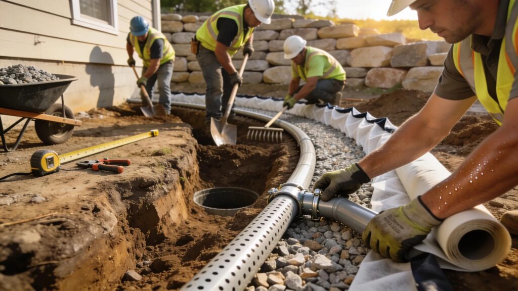 Professional installation of a french drain system showcasing the benefits of expert service for effective water management | effective basement solutions | effective basement solutions