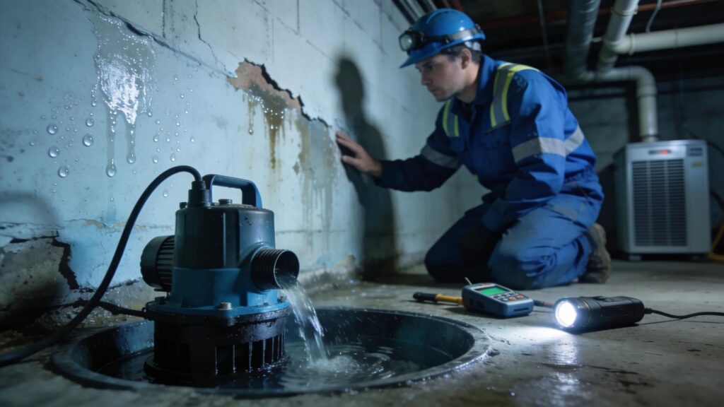 Professional contractor assessing basement water damage with sump pump and tools highlighting essential waterproofing services | effective basement solutions | effective basement solutions