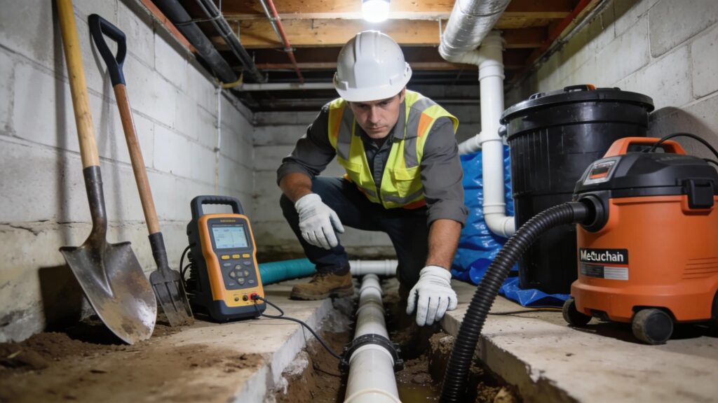 Expert contractor in a metuchen nj basement with waterproofing equipment emphasizing french drains and sump pumps | effective basement solutions | effective basement solutions