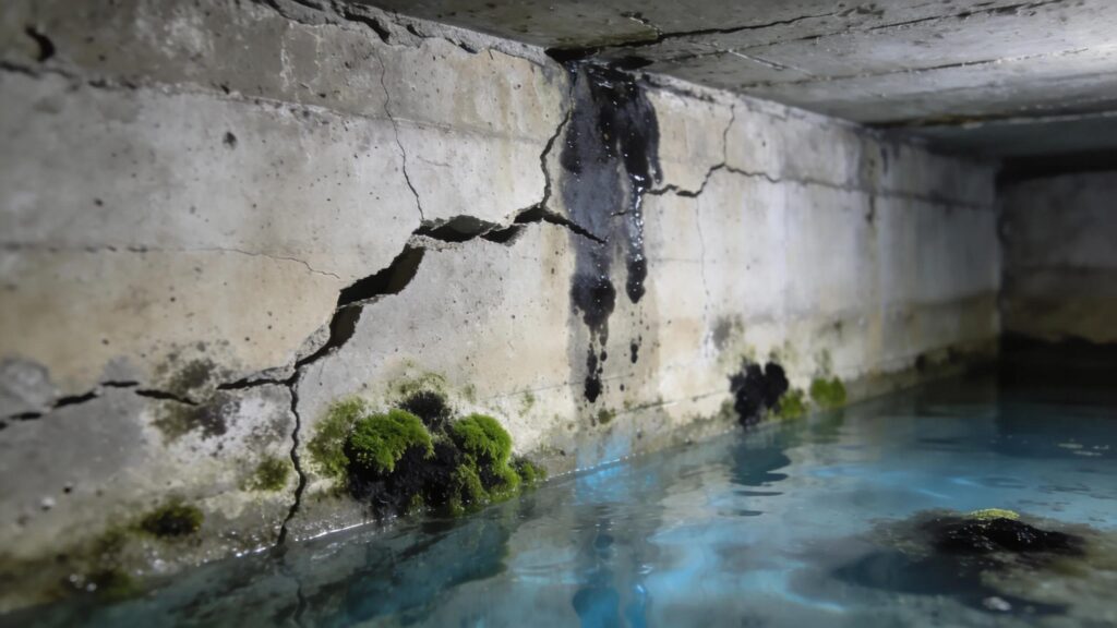 Visible cracks in a basement wall indicating moisture issues | effective basement solutions | effective basement solutions