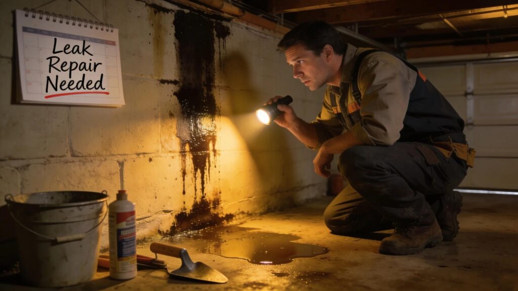 Professional inspecting water damage in a basement emphasizing the significance of leak repair | effective basement solutions | effective basement solutions