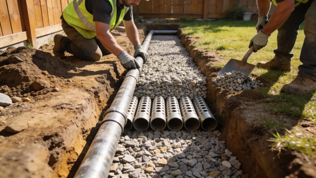 Step by step installation process of a french drain system with gravel layers and perforated pipes in a residential setting | effective basement solutions | effective basement solutions