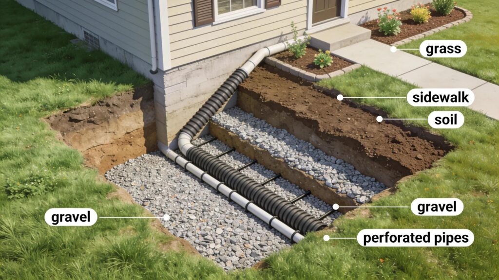 Installation of french drains around a residential basement illustrating groundwork | effective basement solutions | effective basement solutions