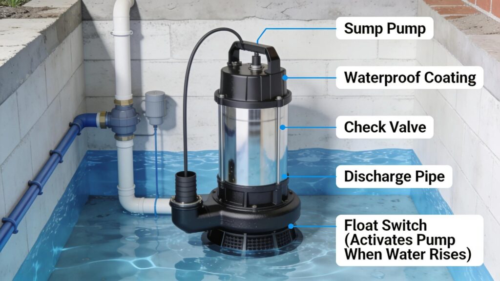 Sump pump system installed in a basement crucial for preventing water accumulation and promoting dryness | effective basement solutions | effective basement solutions