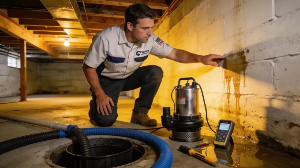 Professional basement waterproofing contractor inspecting moisture issues with drainage tools | effective basement solutions | effective basement solutions