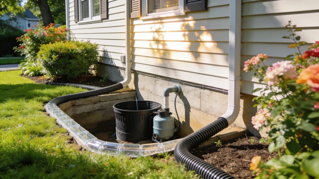 Exterior view of a waterproofed home in mountainside nj with visible drainage systems and landscaping showcasing effective flood prevention solutions | effective basement solutions | effective basement solutions