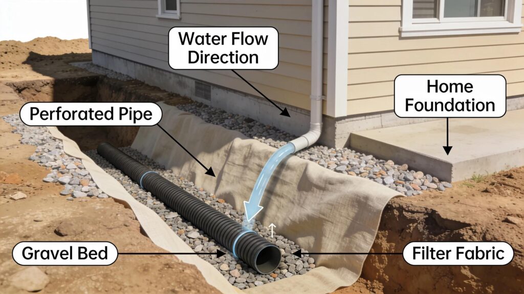 Diagram of a french drain system demonstrating water management and moisture regulation near a homes foundation | effective basement solutions | effective basement solutions
