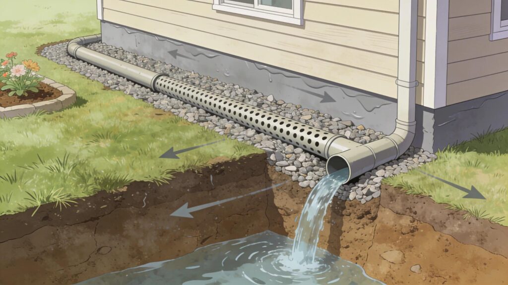 Installation of a french drain system around a home foundation showcasing water management | effective basement solutions | effective basement solutions