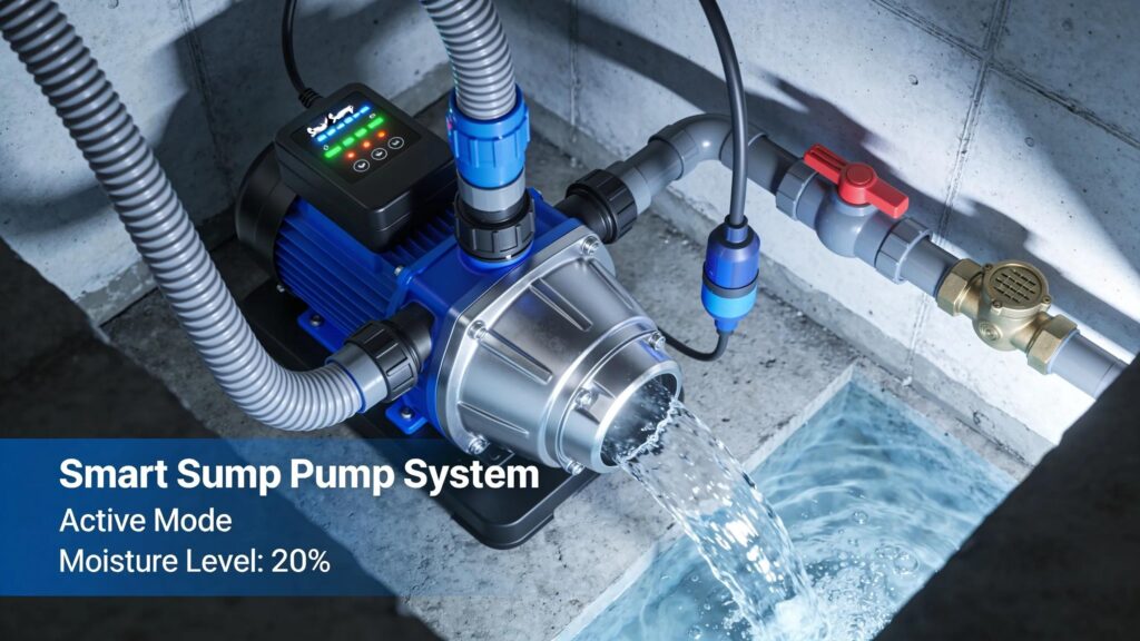 Advanced sump pump system installed in a basement illustrating modern technology for moisture management | effective basement solutions | effective basement solutions