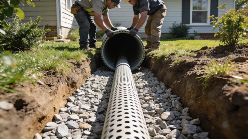 Installation of a french drain system in a residential property showcasing key benefits for flooding prevention | effective basement solutions | effective basement solutions