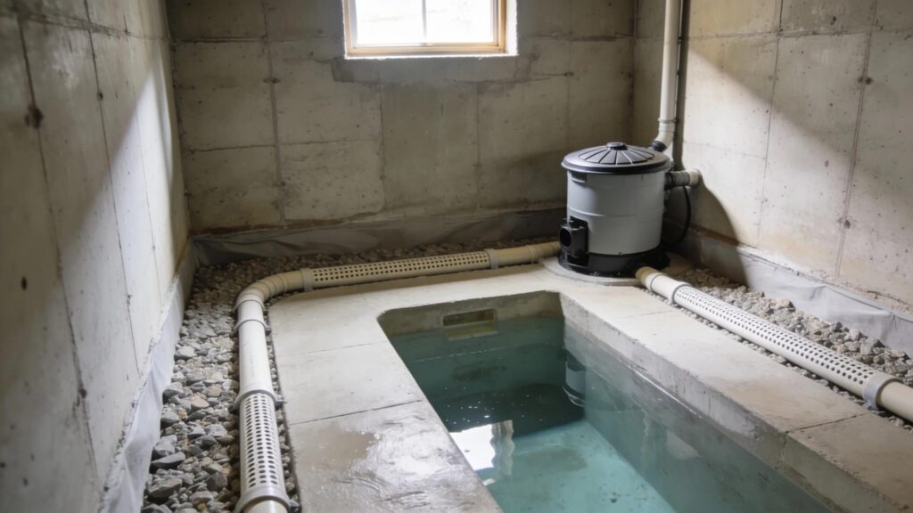 A clean and dry basement featuring effective waterproofing solutions like french drains and sump pumps emphasizing moisture management | effective basement solutions | effective basement solutions
