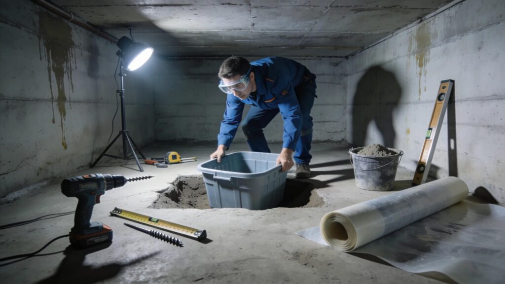 Technician installing a sump pump in a basement highlighting the practical application of moisture control technologies | effective basement solutions | effective basement solutions