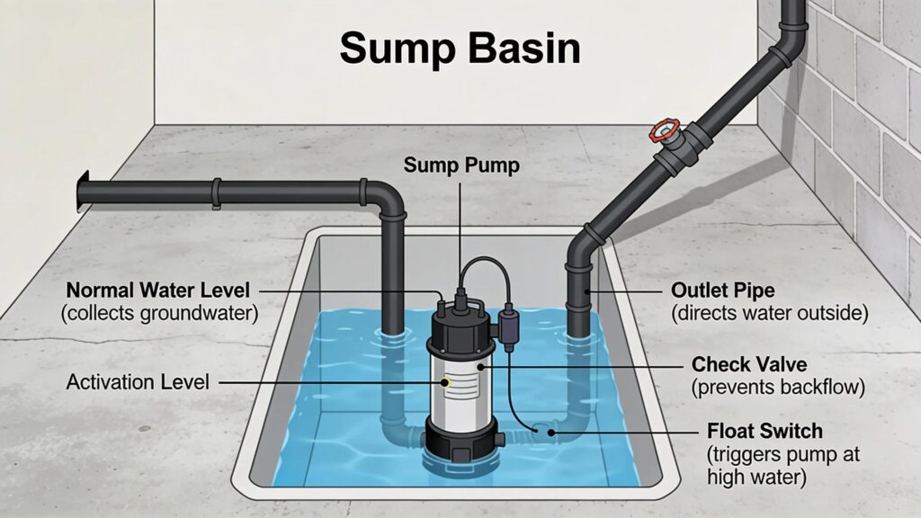 Proper sump pump installation in a basement with drainage setup for moisture control | effective basement solutions | effective basement solutions