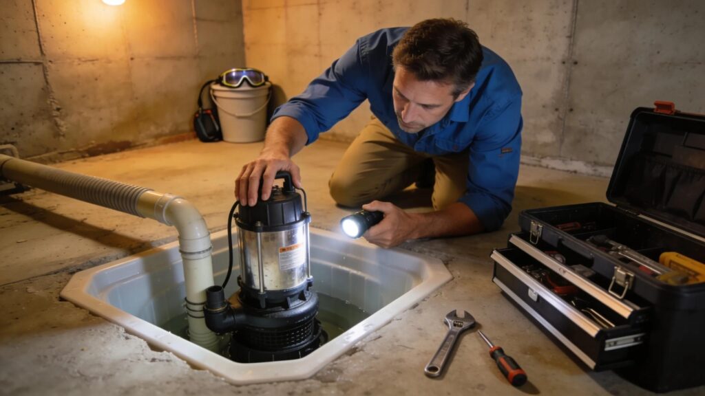 Homeowner conducting maintenance on a sump pump system in a basement highlighting the importance of regular inspections for effective flood prevention | effective basement solutions | effective basement solutions