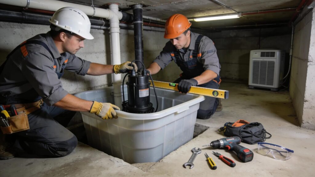 Experts installing a sump pump in a basement sump pit showcasing the critical steps for effective flood control | effective basement solutions | effective basement solutions