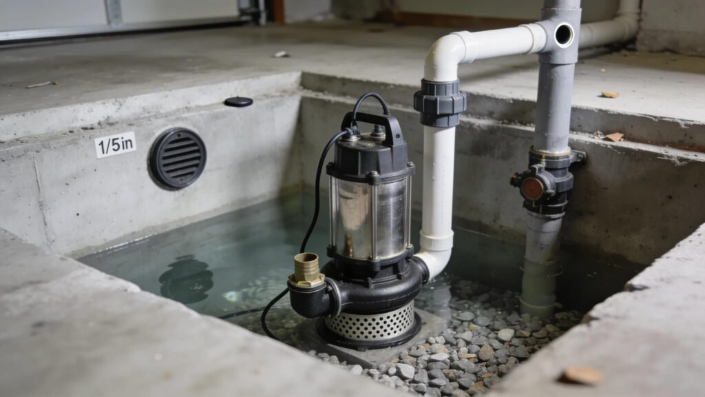 Sump pump system in action inside a basement showcasing installation details | effective basement solutions | effective basement solutions