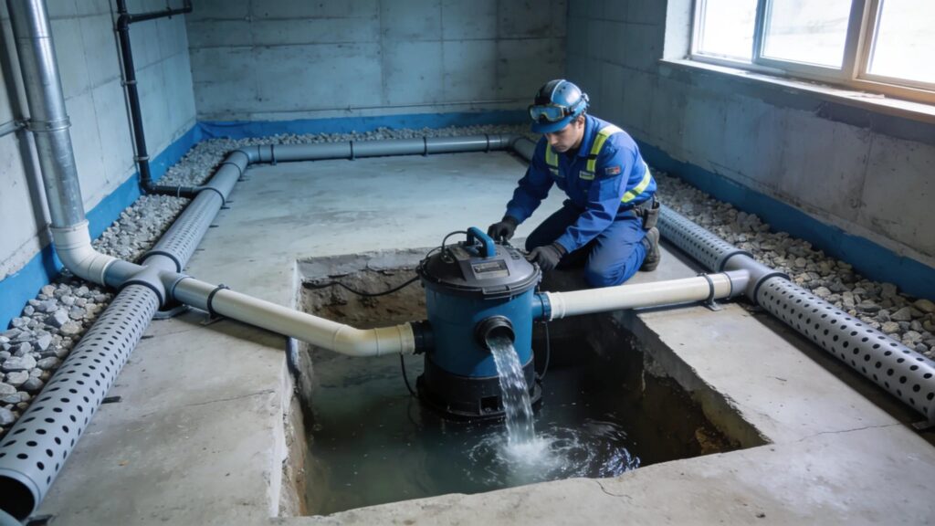 Basement waterproofing setup with french drains and sump pump installation focus | effective basement solutions | effective basement solutions