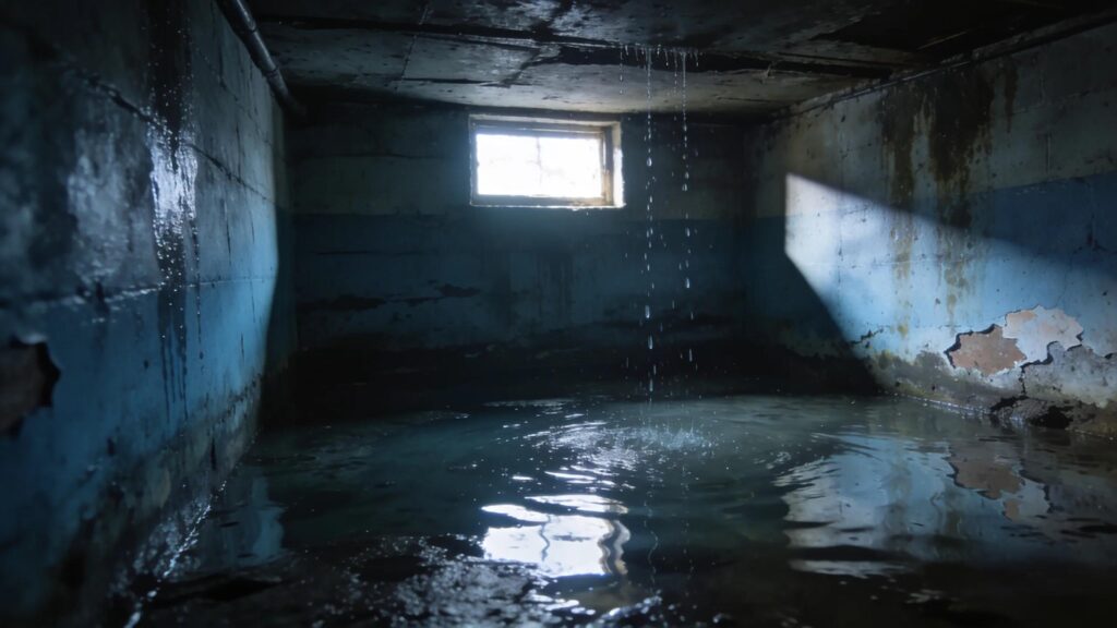 Flooded basement with water pooling and damp walls emphasizing the need for waterproofing solutions | effective basement solutions | effective basement solutions
